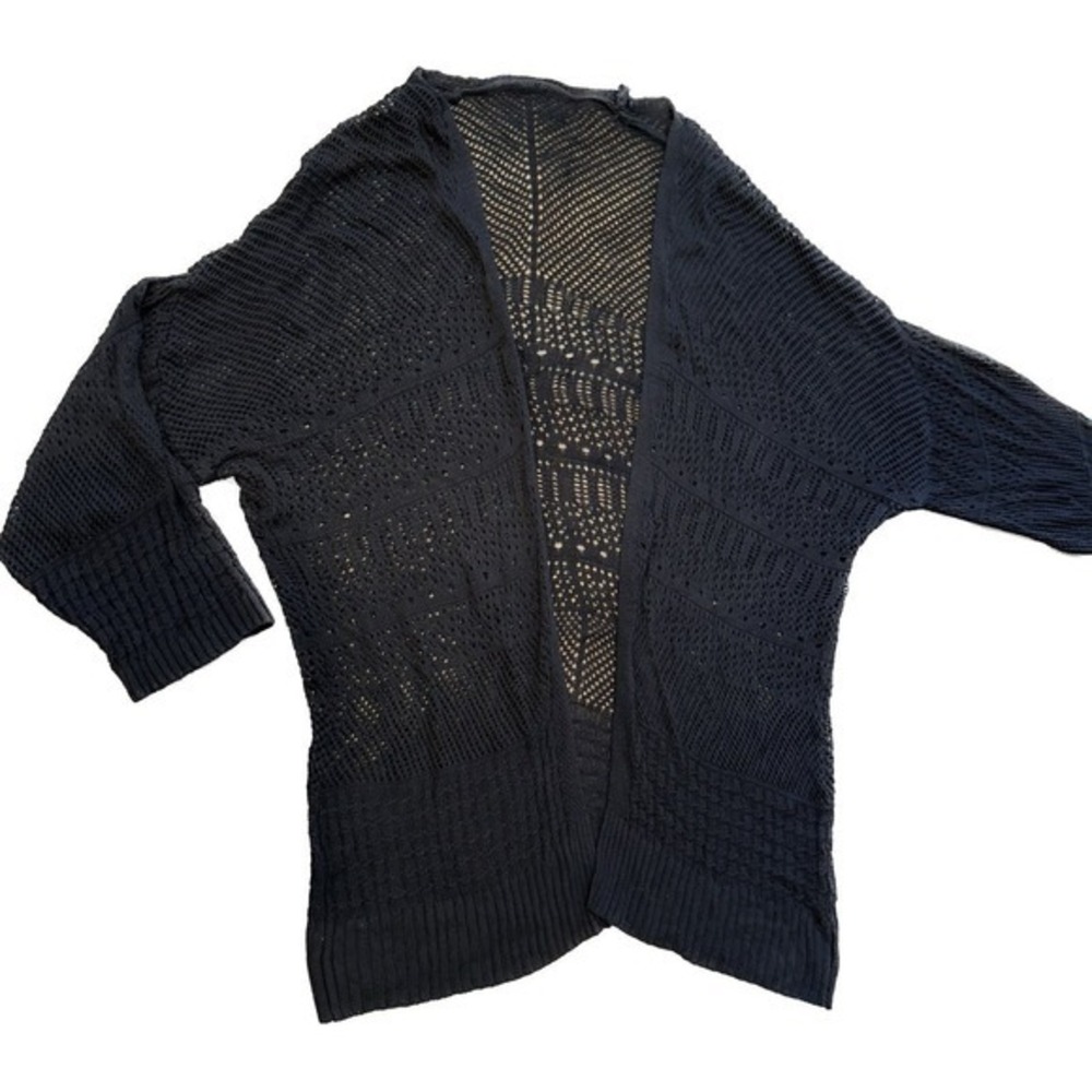 2XL Women's Hollow Out Open Front Long Sleeve Knit Cardigan‎ Sweater BLACK